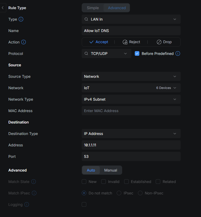Allow IoT DNS firewall rule detail