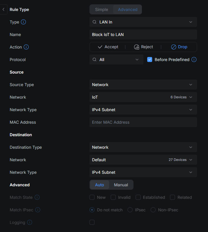 Block IoT to LAN firewall rule detail