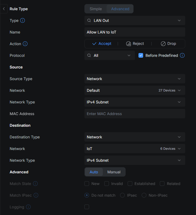 Allow LAN to IoT firewall rule detail