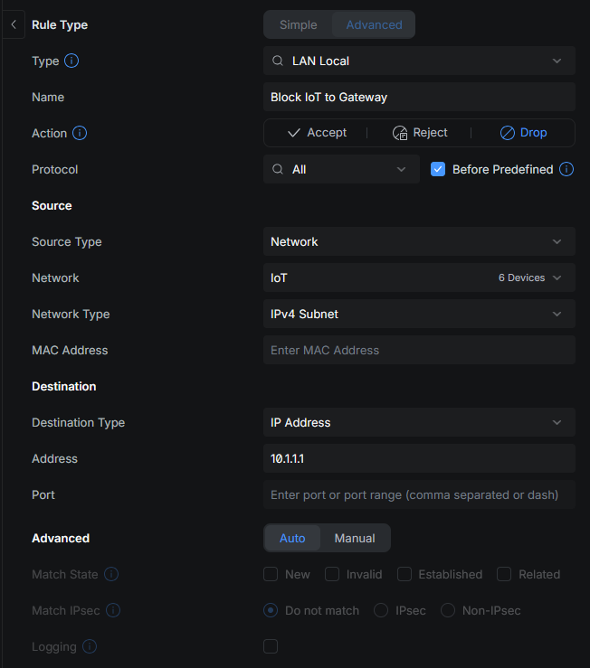 Block IoT to Gateway firewall rule detail