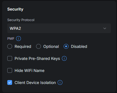 Guest WiFi security settings in UniFi