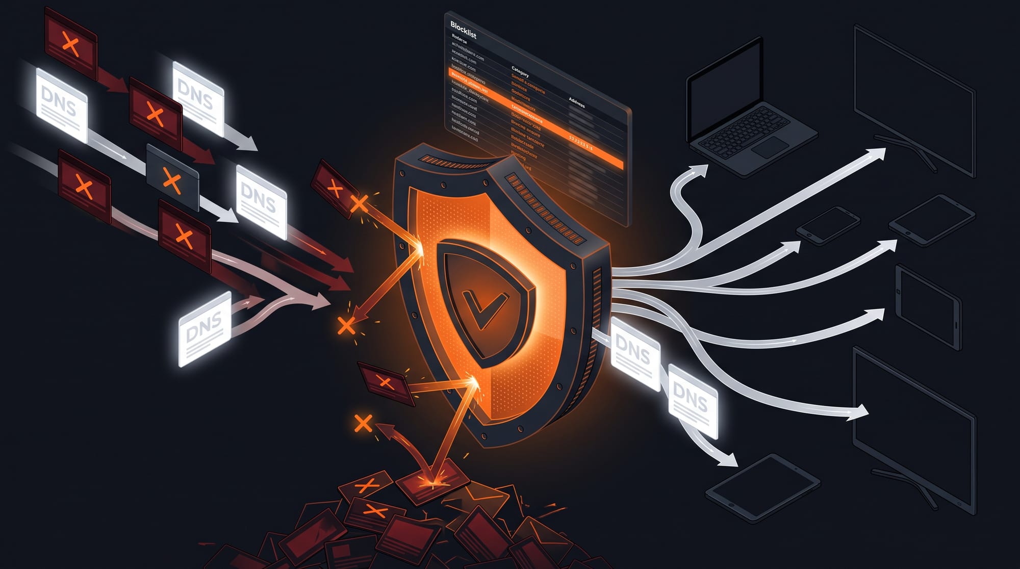 Isometric AdGuard shield blocking red malicious DNS packets with orange sparks while clean white DNS requests pass through to home devices on the right