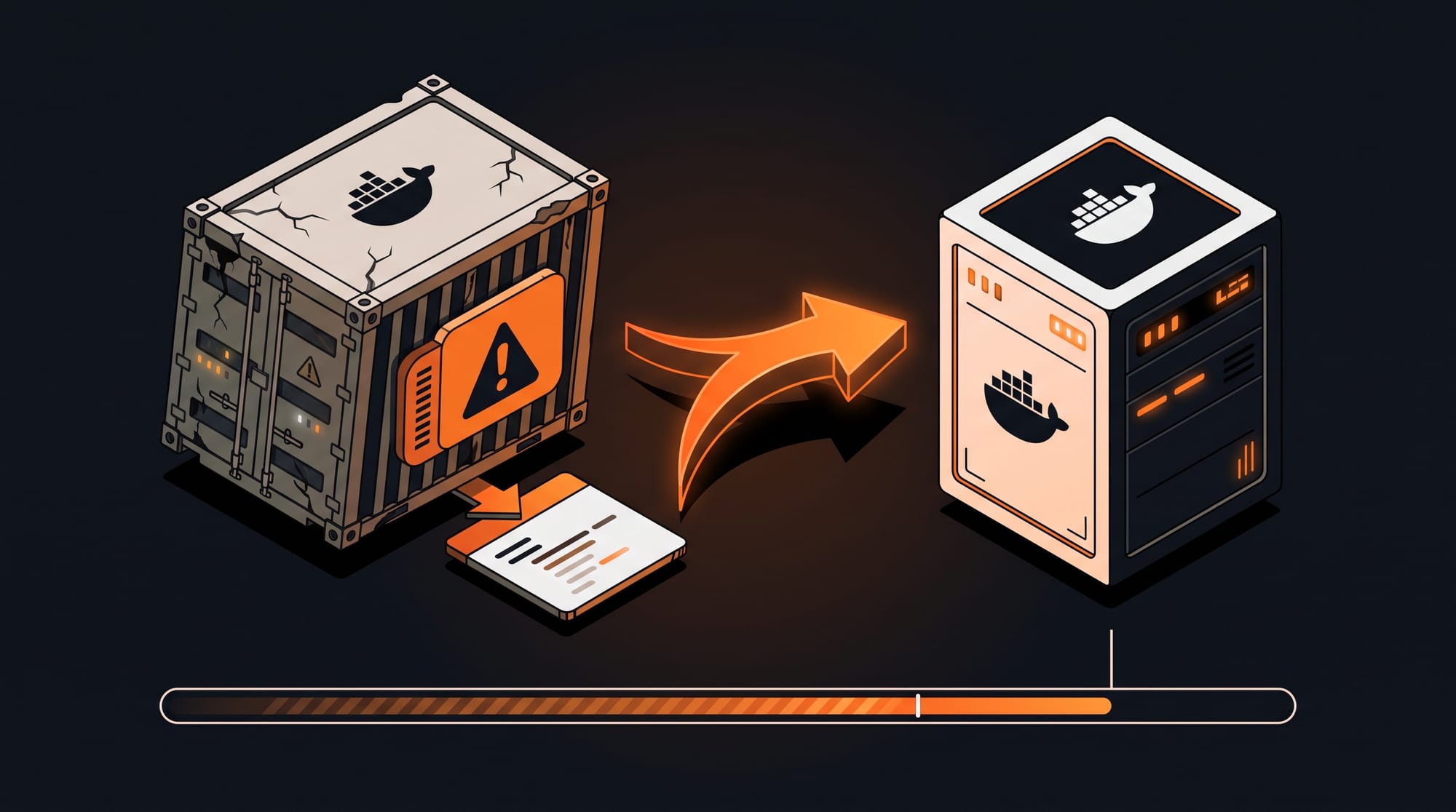 Isometric deprecated Docker container with cracks and an orange warning badge on the left, a bold orange migration arrow, and a clean modern replacement container on the right