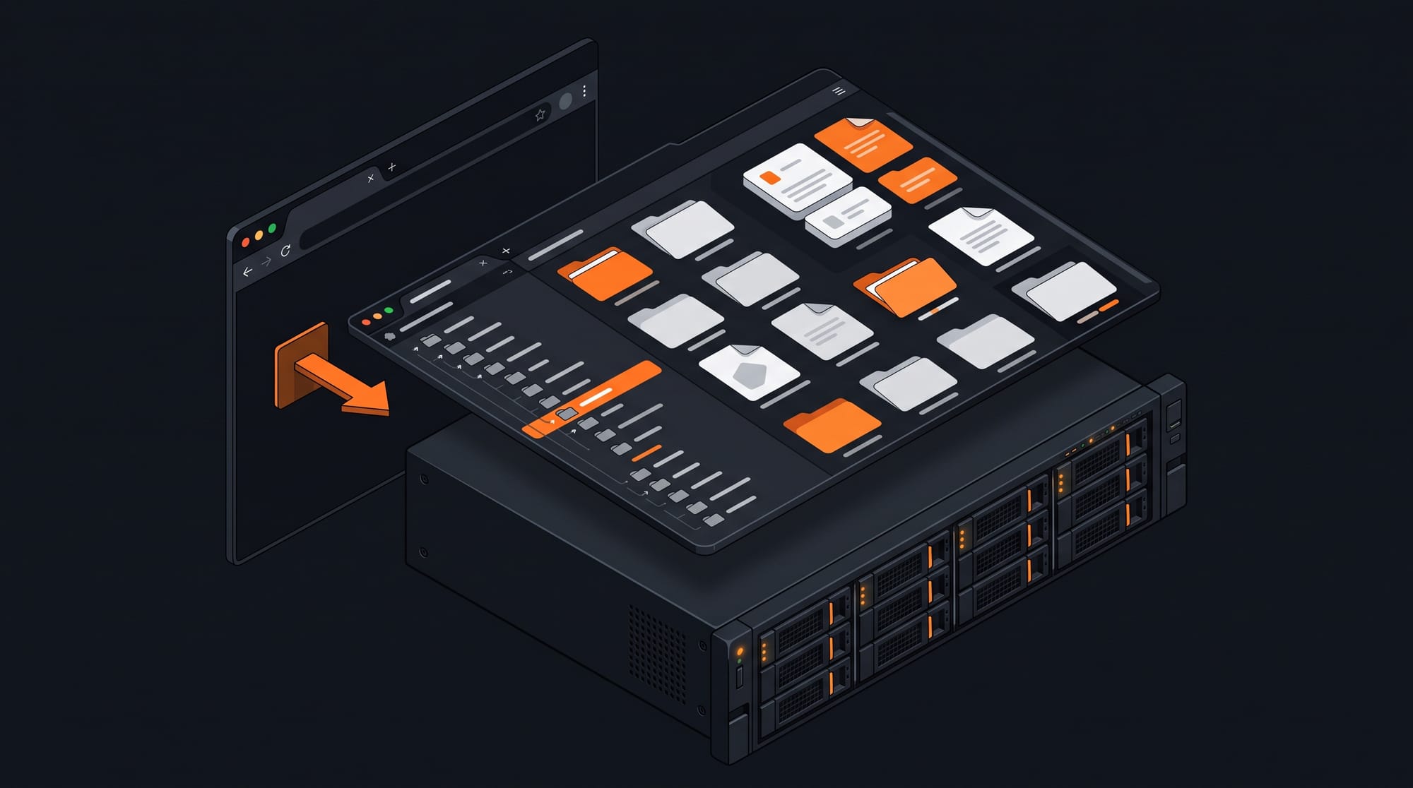 Isometric web file browser interface in dark theme with orange highlighted folders and files, folder tree on the left, floating above a large server rack with orange drive bays
