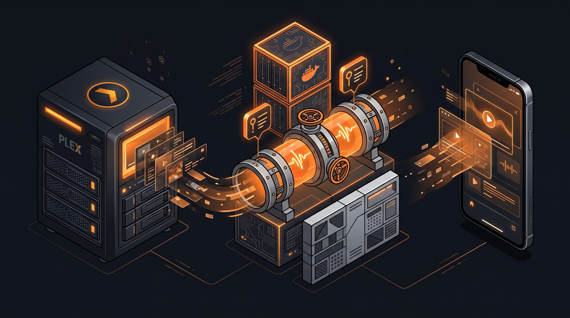 Isometric Plex media server connected through a glowing orange Gluetun VPN pipe with dynamic port forwarding to a remote smartphone
