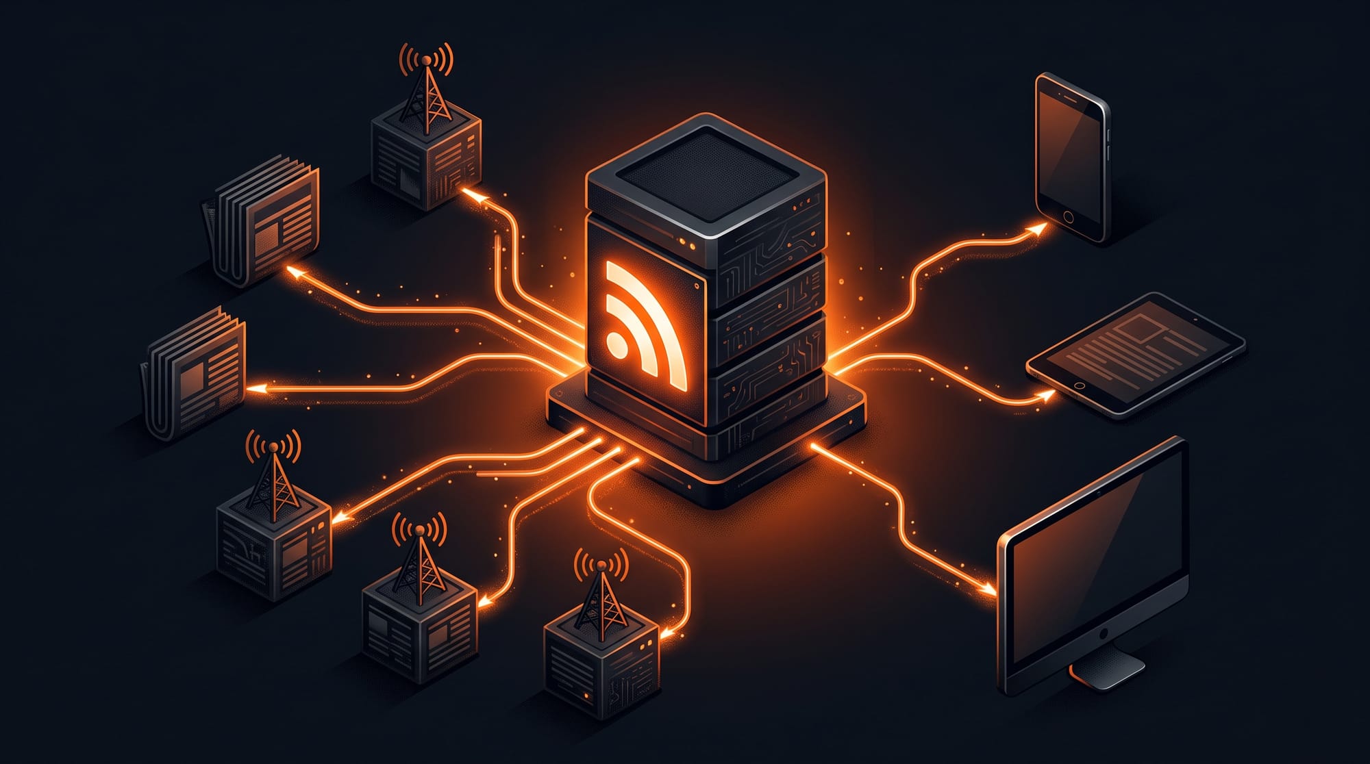 Isometric FreshRSS server hub with an orange RSS symbol, receiving feed lines from multiple news source boxes on the left and distributing to phone, tablet and desktop on the right