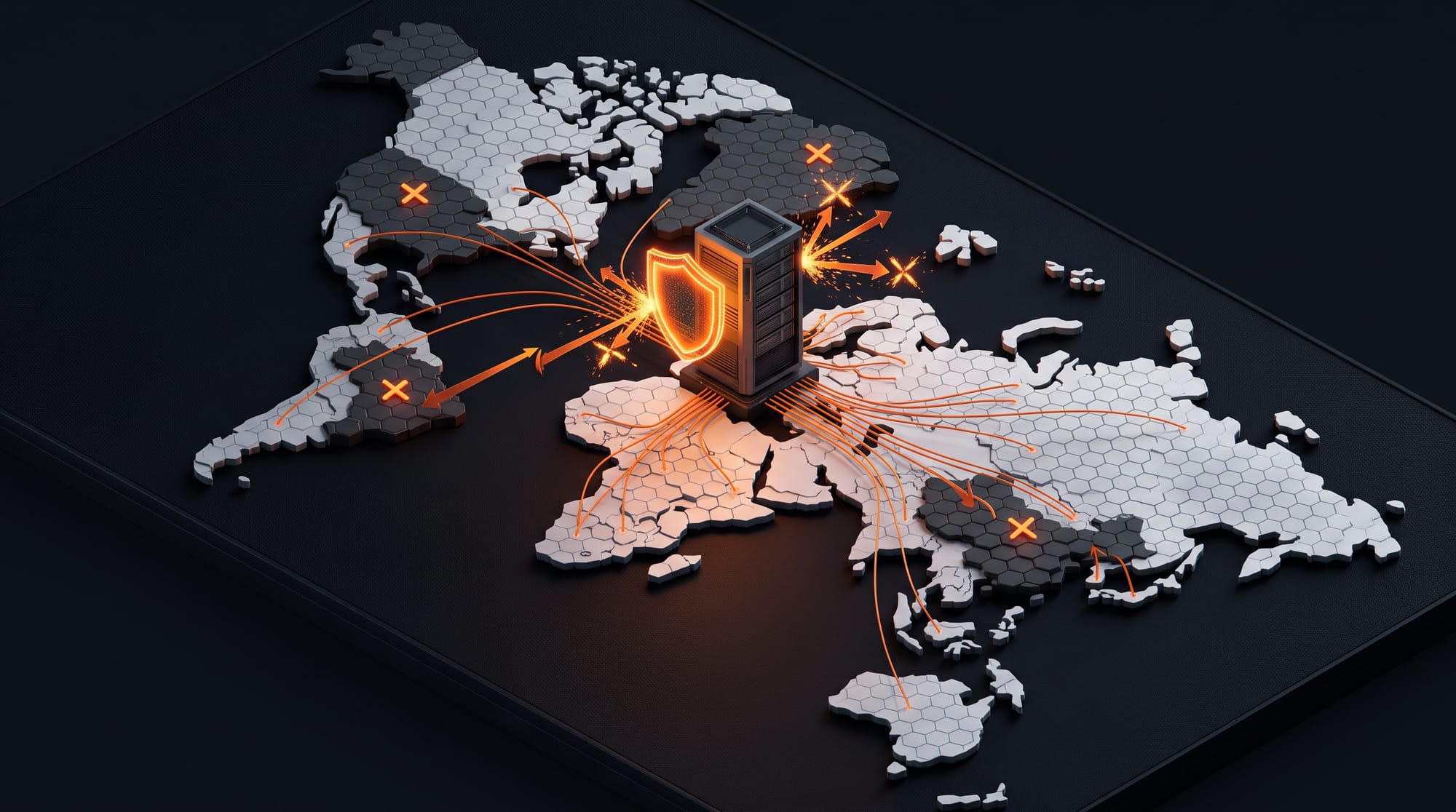 Isometric world map made of hexagonal tiles with a SWAG firewall shield at center, blocked regions marked with orange X symbols and allowed connections flowing through