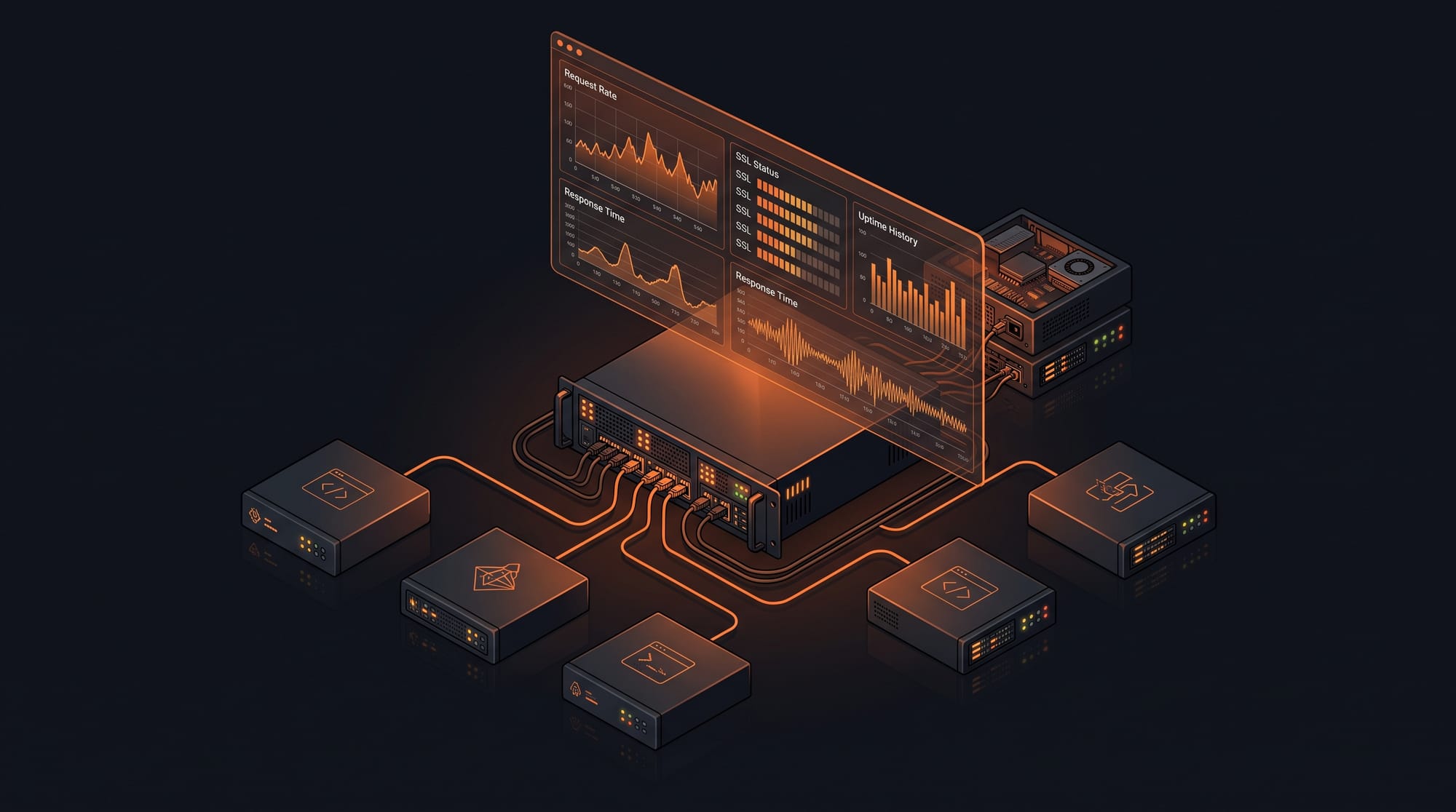 Isometric SWAG reverse proxy server with a large floating dashboard panel showing orange request rate graphs, SSL status bars, and uptime metrics, connected to multiple service boxes