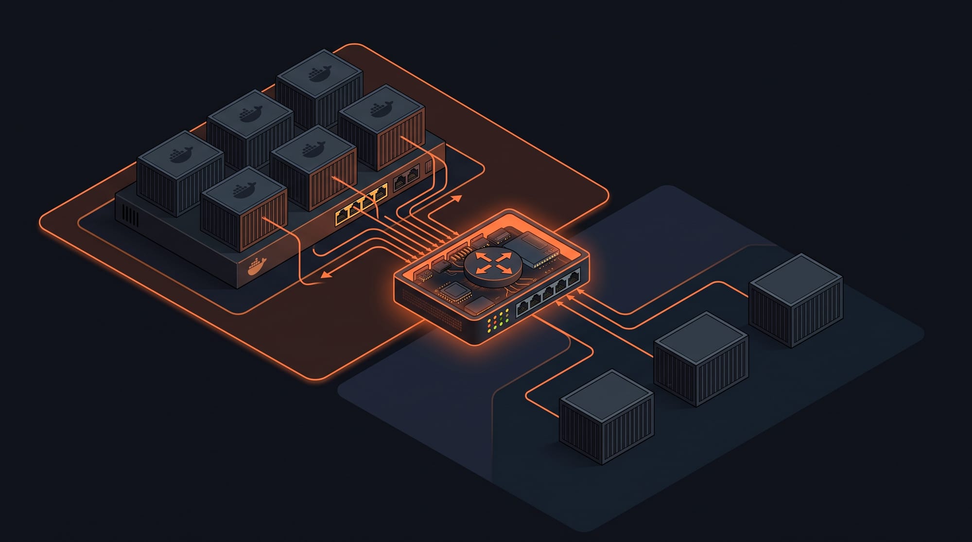 Isometric macvlan network bridge connecting Docker containers on their virtual subnet to the host network, with orange routing arrows flowing through the bridge interface