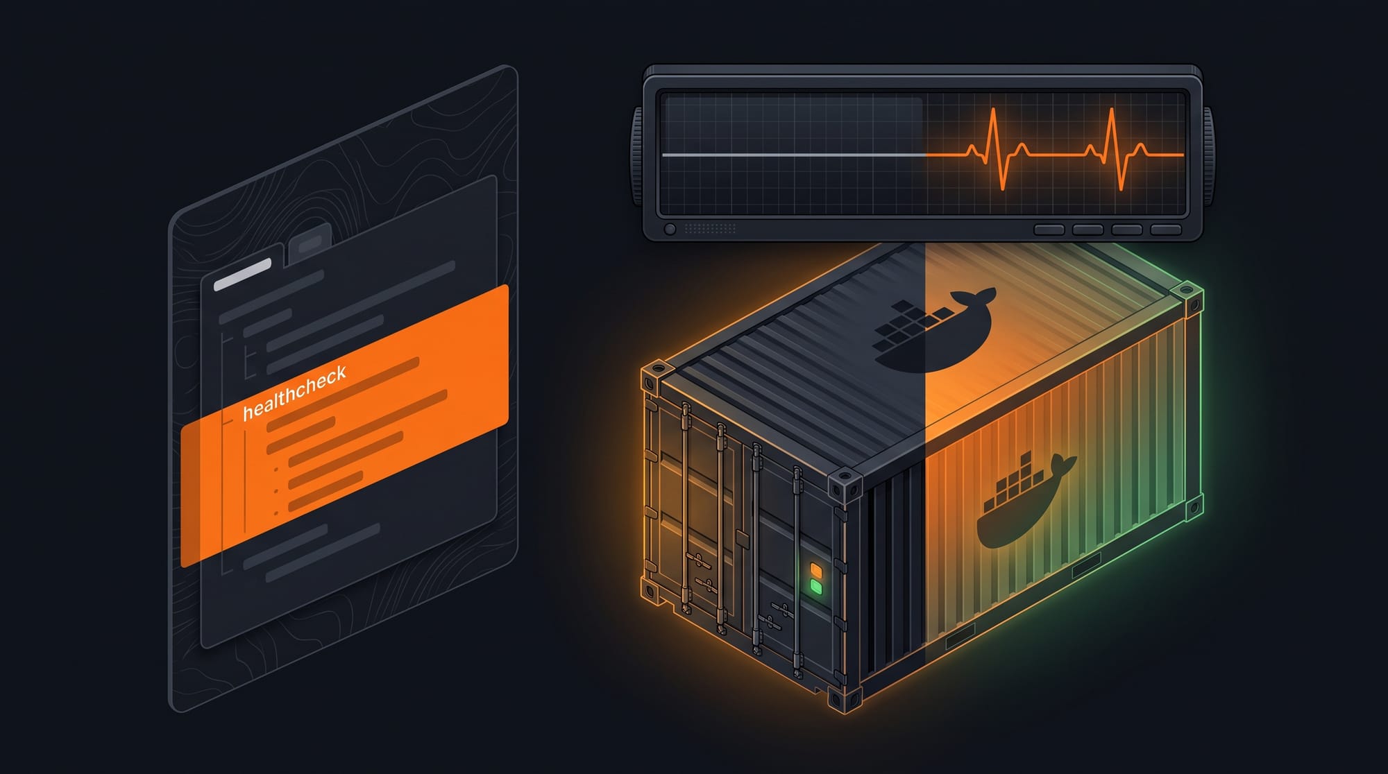 Isometric Docker container transitioning from amber starting state to healthy green-orange glow after a healthcheck config is applied, with an ECG heartbeat monitor panel above
