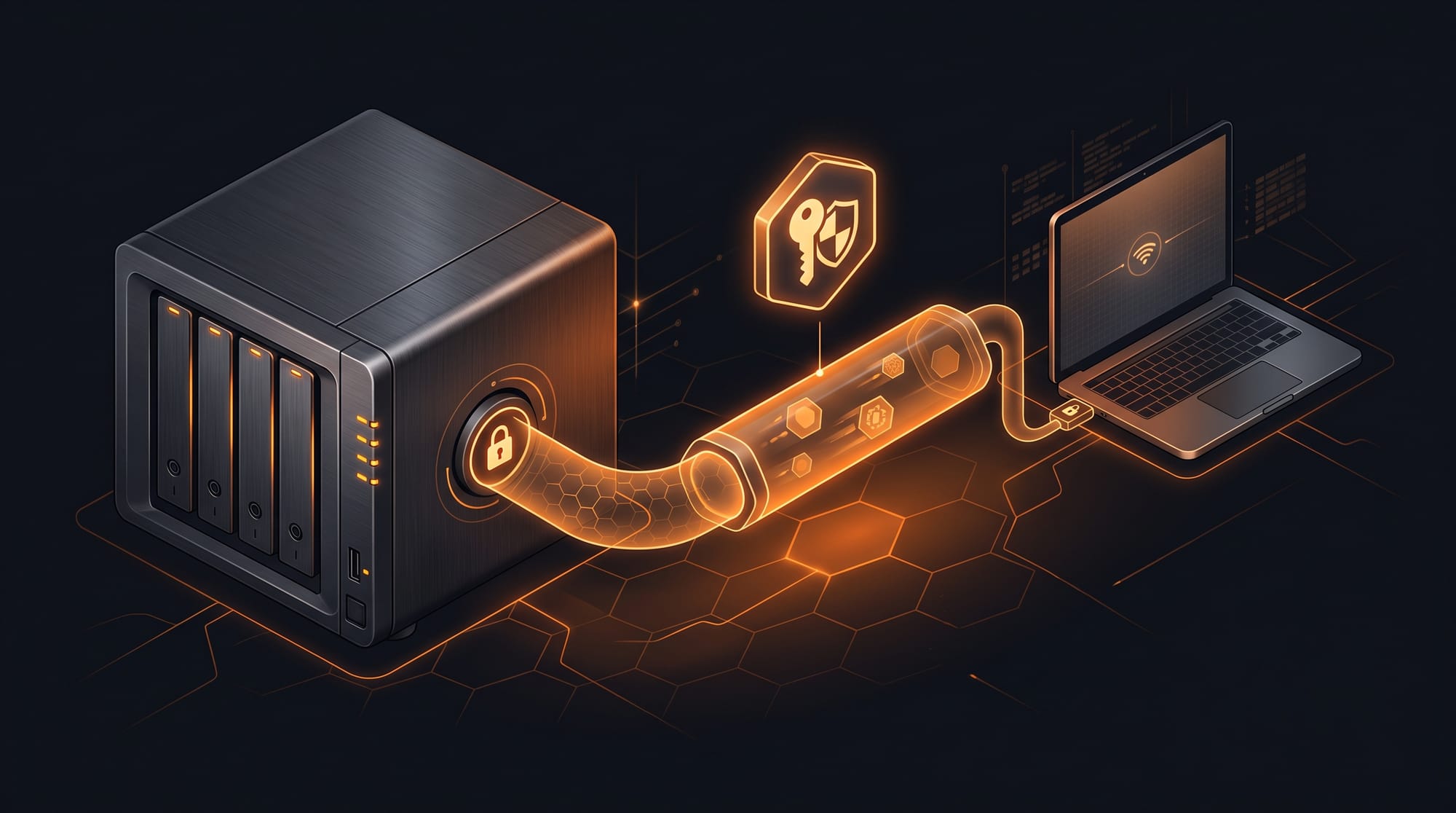 Isometric Synology NAS connected via a glowing orange WireGuard hexagonal tunnel with a key-shield icon, encrypted data packets flowing inside toward a remote laptop