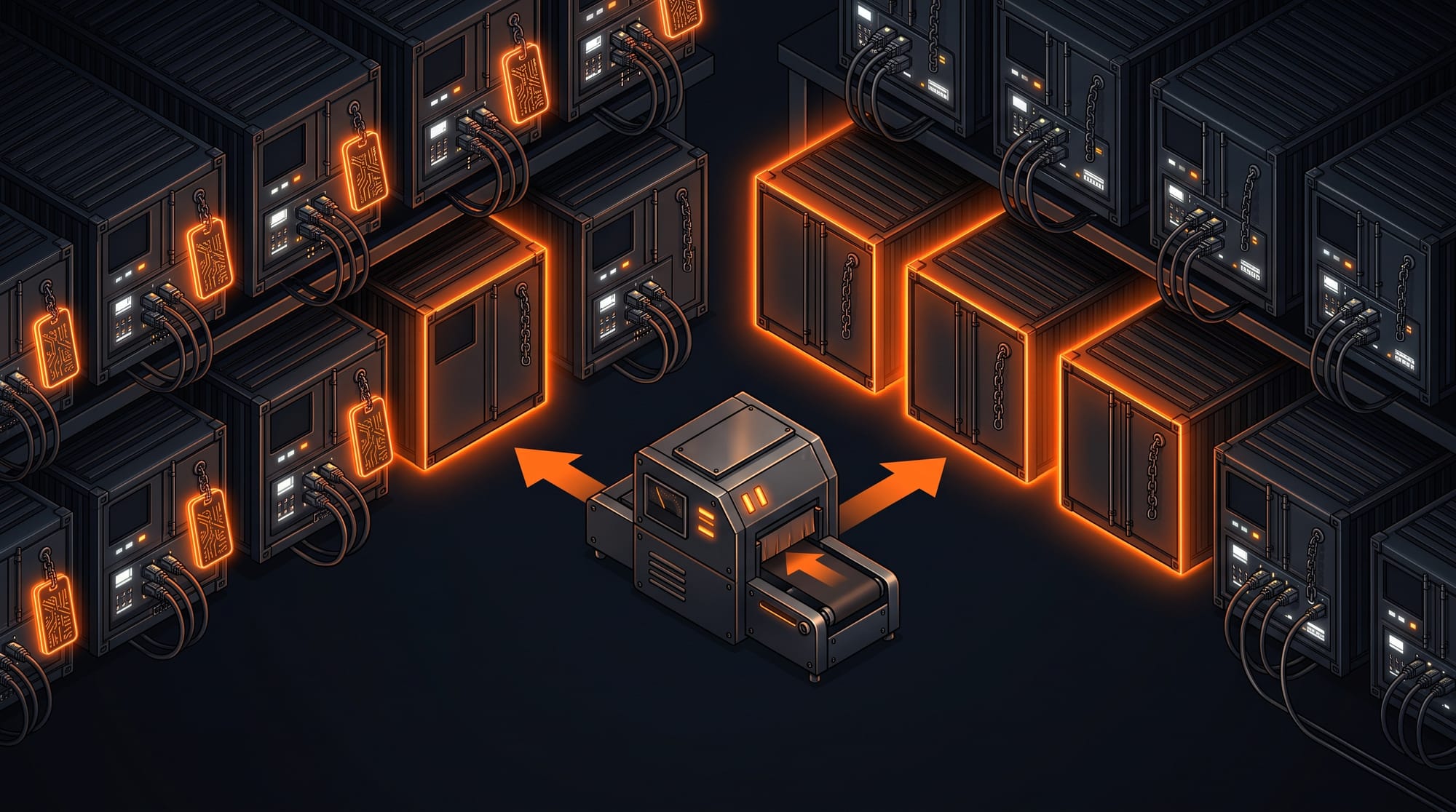 Isometric Docker container wall with label tag chips on most containers, several missing their labels highlighted in orange, and a labeling machine with orange arrows