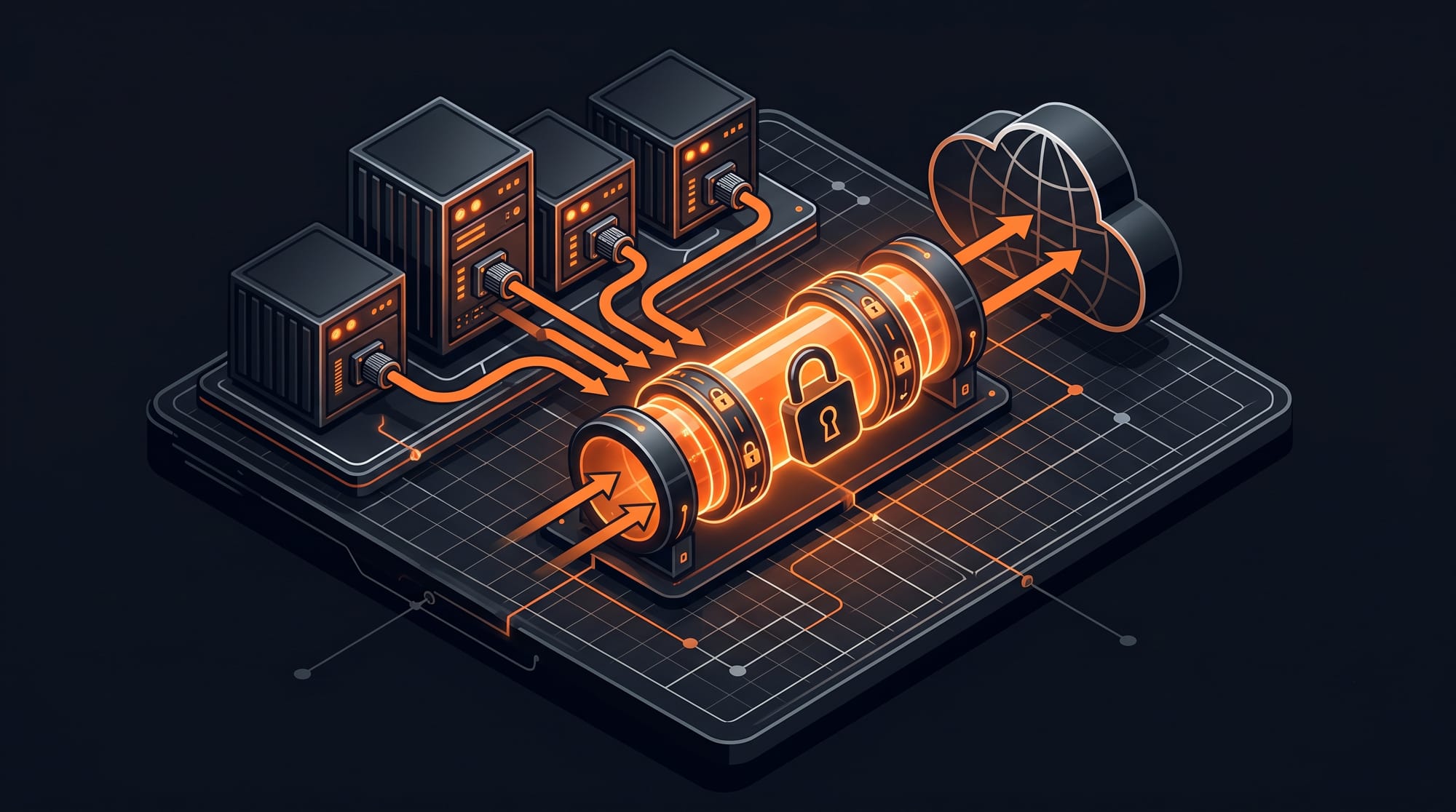 Isometric Docker containers funneling their network traffic through a glowing orange VPN pipe with a padlock, exiting to the cloud through a single masked endpoint
