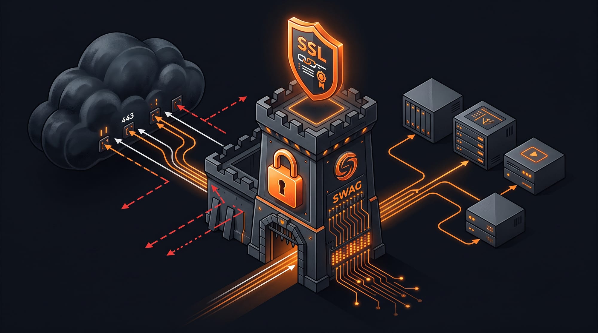 Isometric SWAG reverse proxy fortress gateway with SSL padlock, filtering internet connections and routing them to self-hosted services behind it