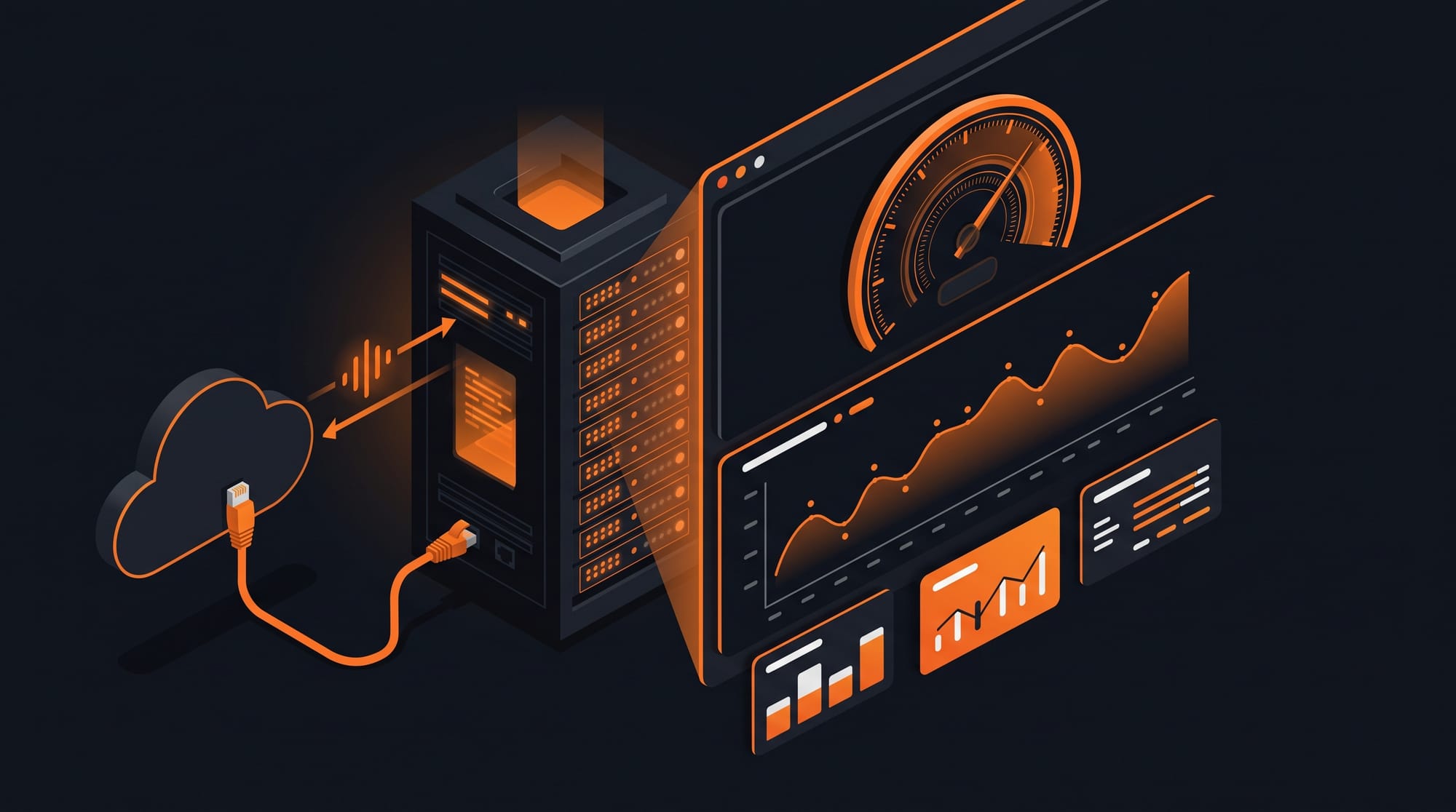 Isometric Speedtest-Tracker server connected to the internet, with a floating dashboard showing an orange speedometer gauge and a historical speed graph with data point trends