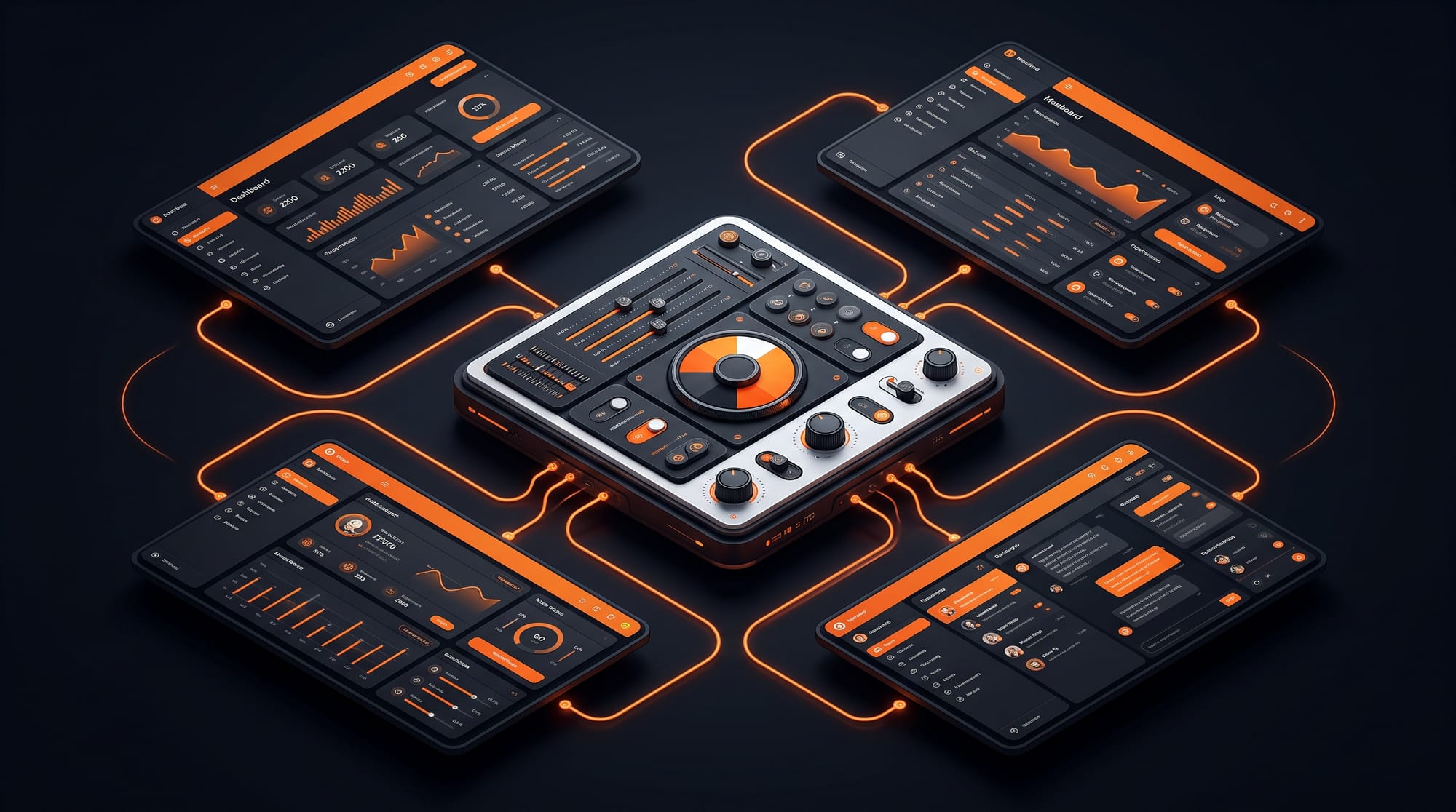 Isometric theme control panel surrounded by four self-hosted app interface panels all re-themed with orange accents, connected by orange lines from the central customization hub