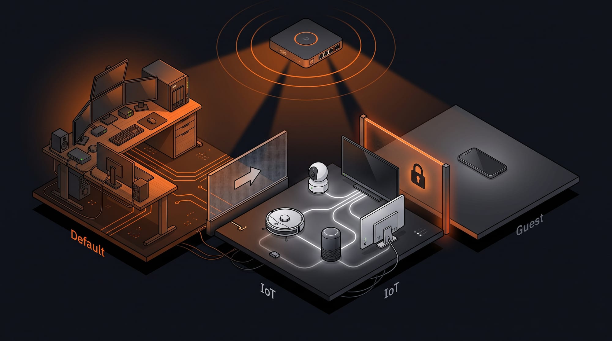 Isometric view of three isolated network zones — Default, IoT and Guest — separated by firewall barriers and managed by a UniFi gateway
