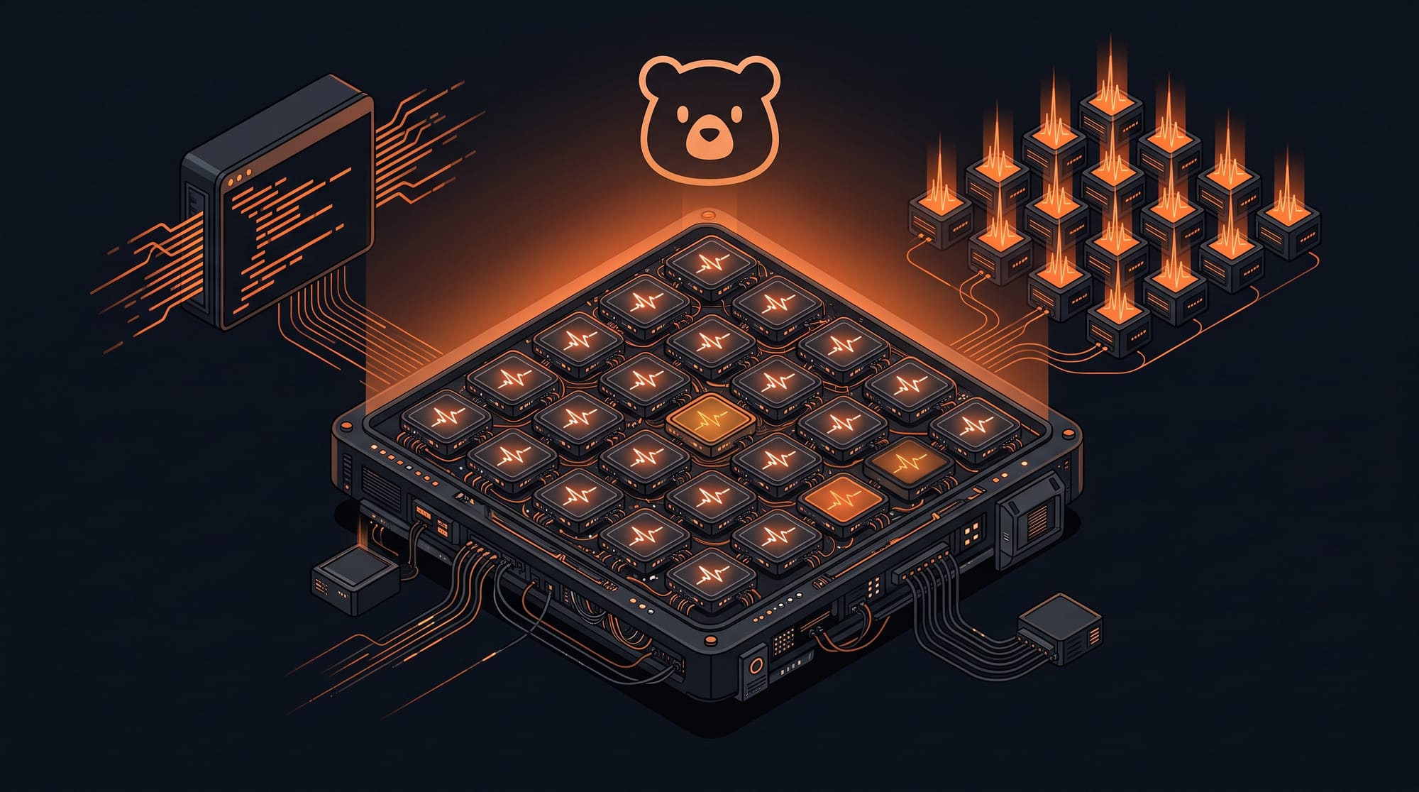 Isometric monitoring dashboard with Uptime Kuma bear icon, a grid of service nodes pulsing in orange, and a terminal script sending bulk update signals