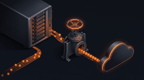 Isometric Synology NAS sending orange data cubes through an industrial bandwidth throttle valve to a cloud storage destination