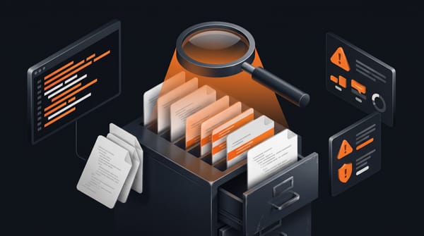 Isometric filing cabinet of docker-compose files under an orange magnifying glass spotlight, with a terminal scan panel and warning badges on the sides