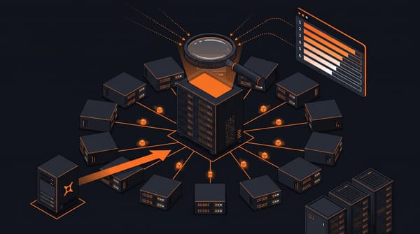 Isometric Prowlarr indexer hub with a magnifying glass above, orange search lines radiating to multiple indexer server boxes and a results panel