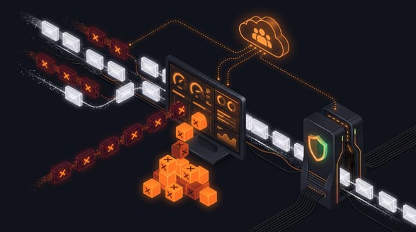 Isometric CrowdSec security console intercepting malicious connection packets with orange X marks, while clean traffic passes to a SWAG server with shared threat intelligence cloud above