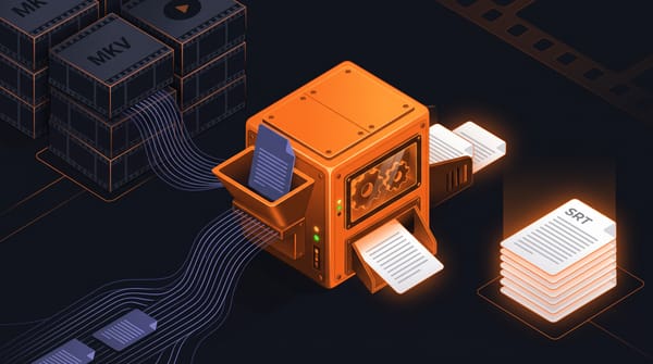 Isometric subtitle conversion machine processing MKV film stacks into clean SRT output files, with orange internal gears and a film reel background
