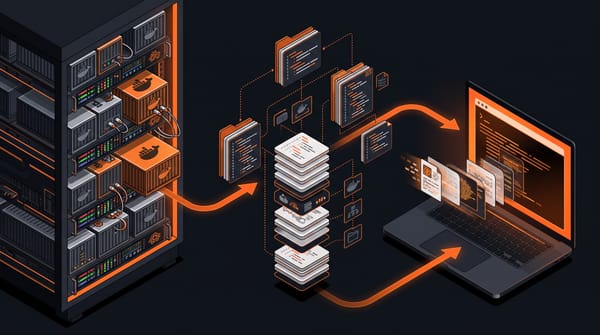 Isometric Docker server rack exporting compose file structure through a floating file tree to a laptop terminal, all connected by orange arrows