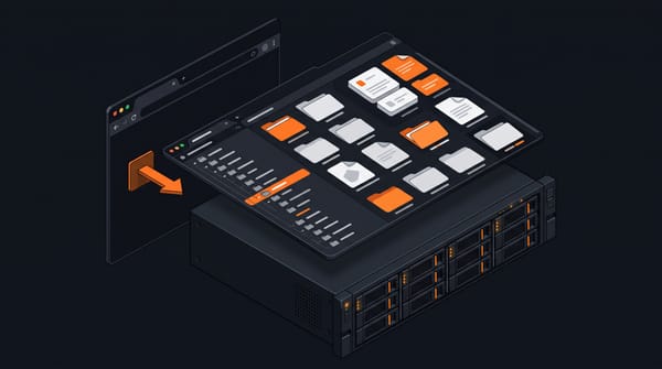 Isometric web file browser interface in dark theme with orange highlighted folders and files, folder tree on the left, floating above a large server rack with orange drive bays