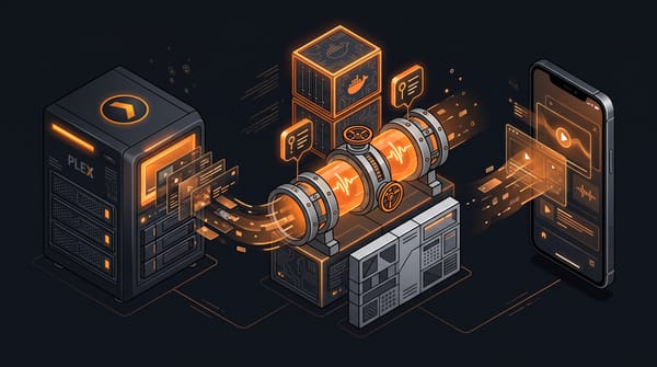 Isometric Plex media server connected through a glowing orange Gluetun VPN pipe with dynamic port forwarding to a remote smartphone