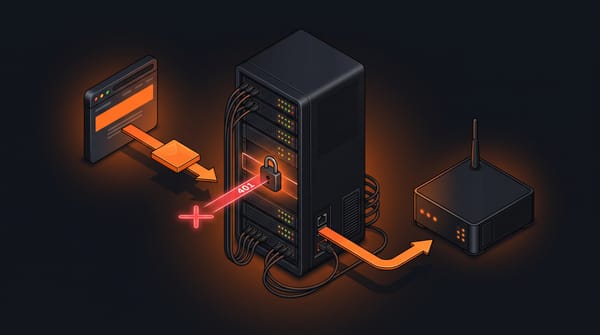 Isometric scene of a SWAG reverse proxy server blocking a 401 auth error, with an orange bypass arrow routing the connection correctly to a qBittorrent box