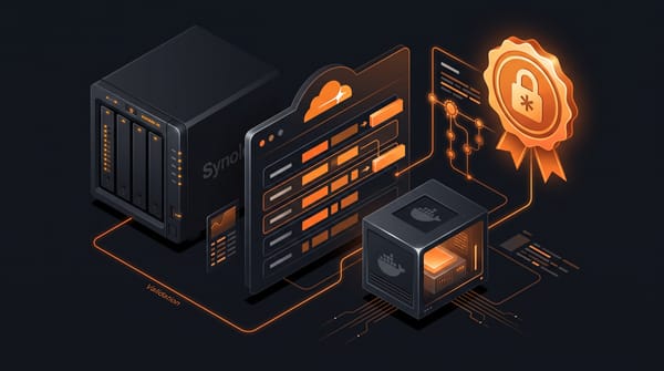 Isometric Synology NAS and Docker container generating a wildcard SSL certificate via Cloudflare DNS challenge, with the resulting orange certificate badge floating on the right