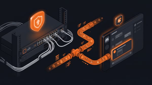 Isometric UniFi network switch with a glowing orange firmware update badge, connected by an orange pipeline of data cubes to a Discord notification panel