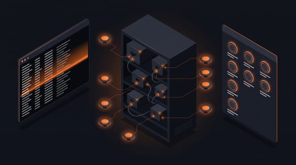 Isometric server rack with Docker containers each emitting a dotted orange line to floating round IP badge chips, with a terminal scan panel on the left
