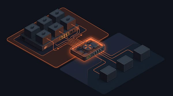 Isometric macvlan network bridge connecting Docker containers on their virtual subnet to the host network, with orange routing arrows flowing through the bridge interface