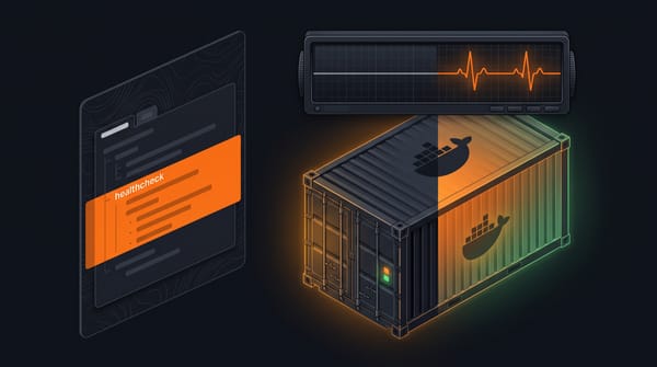 Isometric Docker container transitioning from amber starting state to healthy green-orange glow after a healthcheck config is applied, with an ECG heartbeat monitor panel above