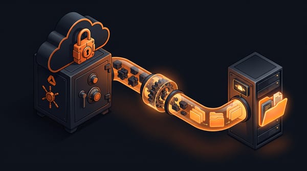Isometric encrypted cloud vault with a padlock connected via a glowing orange rclone pipeline with decryption gears to a local server with an open mounted folder