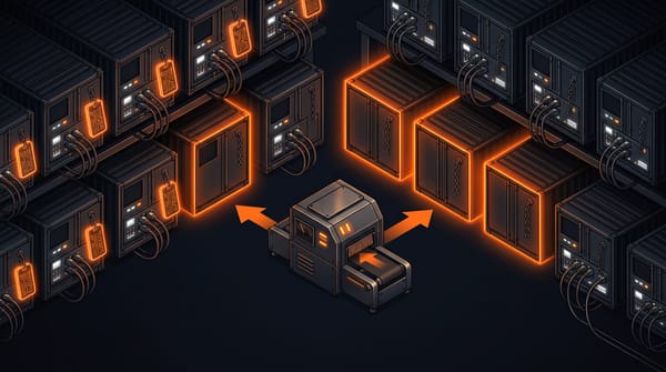 Isometric Docker container wall with label tag chips on most containers, several missing their labels highlighted in orange, and a labeling machine with orange arrows