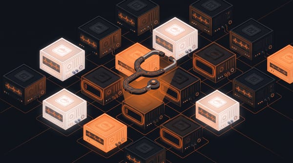 Isometric grid of Docker container boxes, several missing health indicators shown with orange warning auras, and a circuit-board stethoscope hovering above