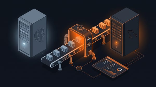 Isometric database migration conveyor belt converting gray PostgreSQL data blocks to orange MySQL format, with an Umami analytics panel connected at the end
