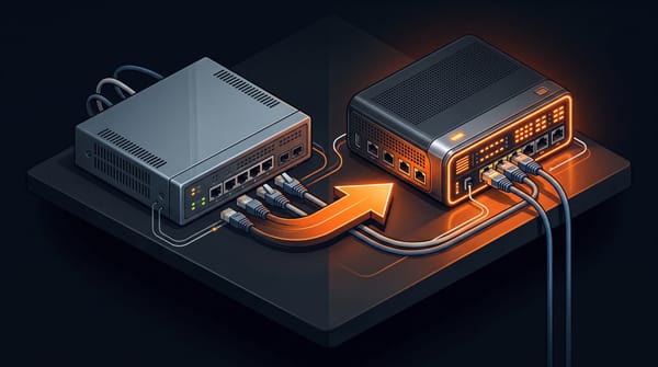 Isometric comparison of an old USG-3P gateway on the left versus a new UniFi Cloud Gateway Fiber on the right, connected by an orange migration arrow
