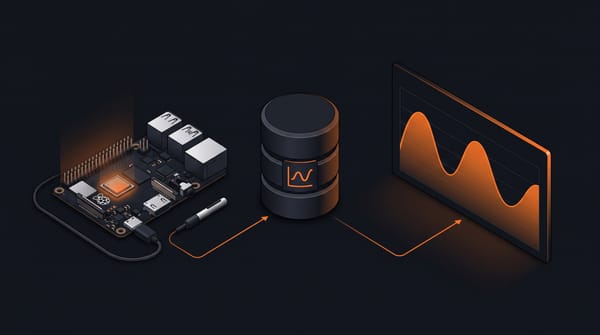 Isometric Raspberry Pi circuit board with a temperature sensor sending orange data to an InfluxDB cylinder, then to a Grafana dashboard showing an orange temperature wave graph