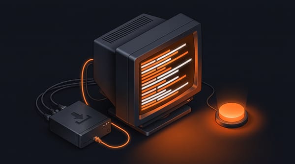 Isometric CRT terminal showing orange debug log output, connected by orange cable to a dark torrent server box, with an orange arcade button activated beside it