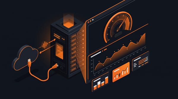 Isometric Speedtest-Tracker server connected to the internet, with a floating dashboard showing an orange speedometer gauge and a historical speed graph with data point trends