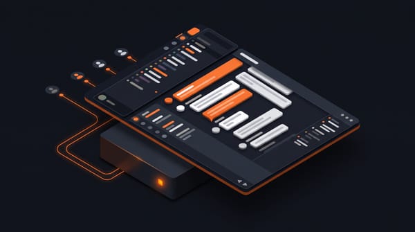 Isometric IRC chat interface panel in dark theme with orange active message bubbles and white replies, channel sidebar on the left, mounted on a self-hosted server below