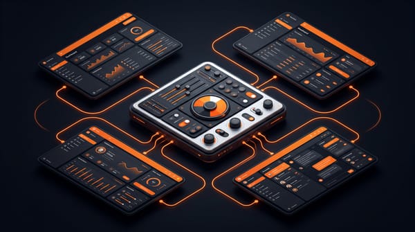Isometric theme control panel surrounded by four self-hosted app interface panels all re-themed with orange accents, connected by orange lines from the central customization hub