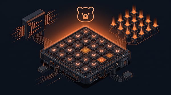 Isometric monitoring dashboard with Uptime Kuma bear icon, a grid of service nodes pulsing in orange, and a terminal script sending bulk update signals