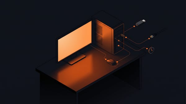 Isometric dark office desk at night with a PC monitor glowing orange as if waking from sleep, dotted orange lines tracing to wake sources like USB device, network cable, mouse and clock
